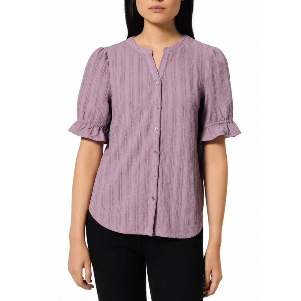 NWT Cable & Gauge Womens Purple Textured Crinkle, Button Front Blouse L